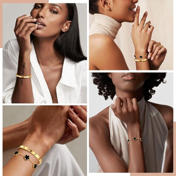 Womens Gold Bracelets Set 18K Gold Plated Floral Bangles Gift for Her - Picture 3 of 6